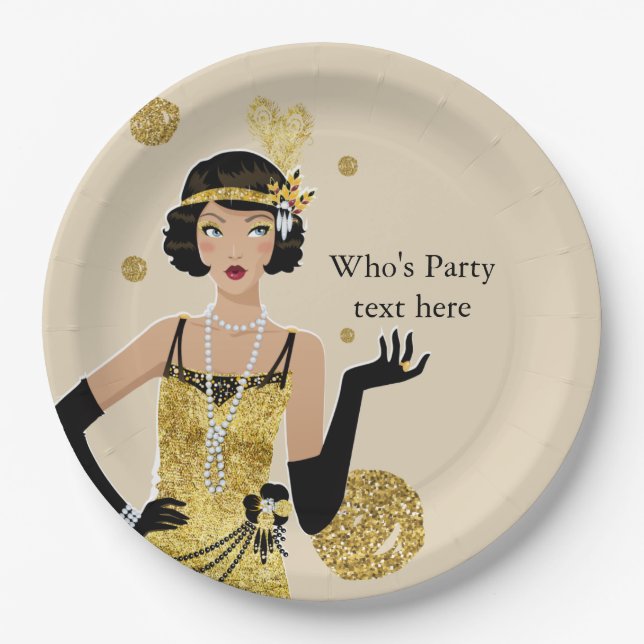 Plato De Papel Gatsby, chica de flapper de 1920, Art Deco (Anverso)