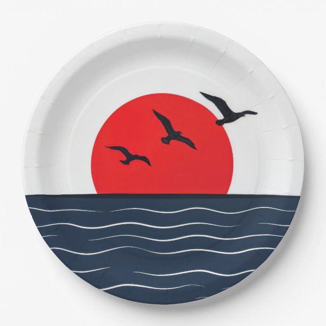 Plato De Papel Gaviotas en sol rojo con océano (Anverso)