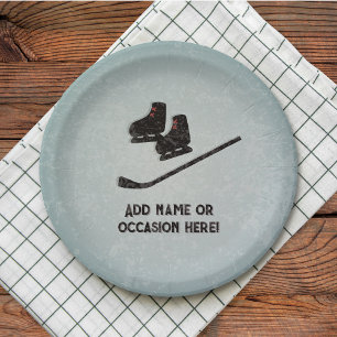 Plato De Papel Gear de hockey - negro sobre hielo gris - celebrac