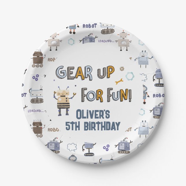 Plato De Papel Gear up for Fun Robot Kids Happy Birday (Anverso)
