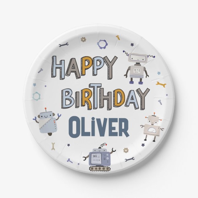 Plato De Papel Gear up for Fun Robot Kids Happy Birday (Anverso)
