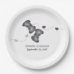 Plato De Papel Geeky Gamers Boda de papel Placas púrpura plateada