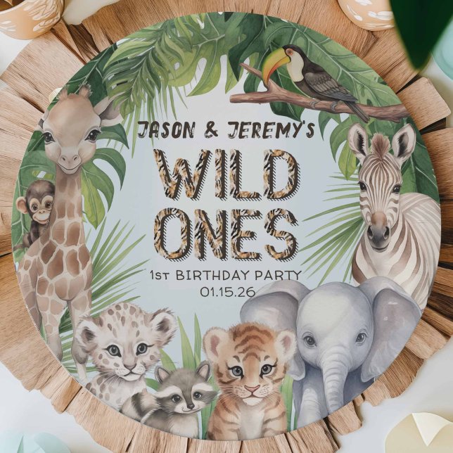 Plato De Papel Gemelos azul salvaje una selva animales de primer  (Twins, 1st birthday celebration paper plates, Safari themed blue first birthday for baby boy)