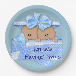 Plato De Papel Gemelos azules Fiesta de Baby Shower afroamericano