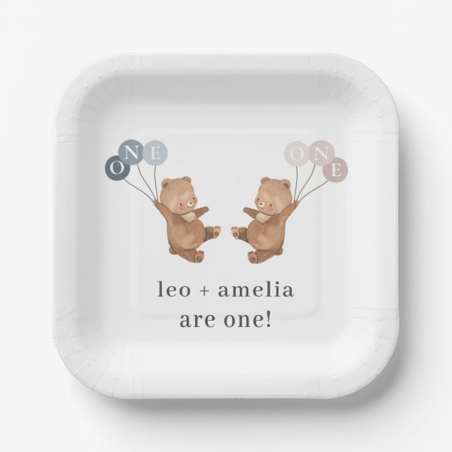 Plato De Papel Gemelos Chicas gemelos - Conjunta primer cumpleaño (Anverso)