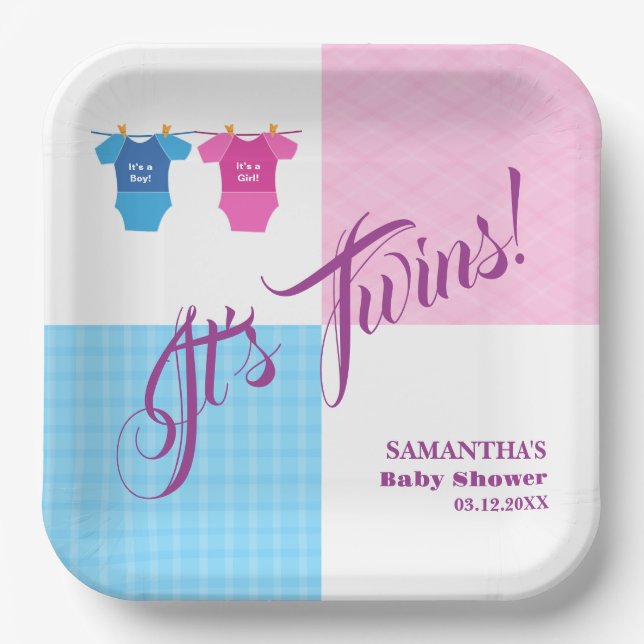 Plato De Papel Gemelos Fiesta de Baby Shower Chica Boy. (Anverso)
