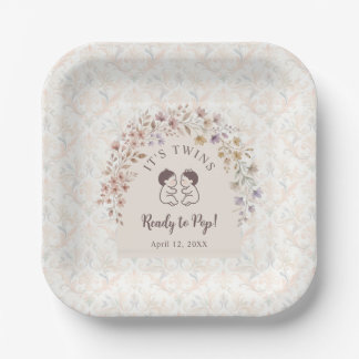 Plato De Papel Gemelos Lindos Arco Floral Baby Shower LPM26