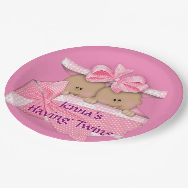 Plato De Papel Gemelos rosados Fiesta de Baby Shower afroamerican (Angular)