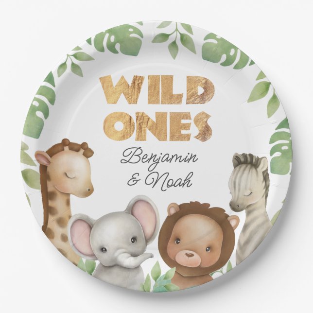 Plato De Papel Gemelos Safari Wild Ones primer cumpleaños (Anverso)