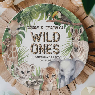 Plato De Papel Gemelos Salvaje un animal Safari jungla 1er cumple