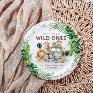 Plato De Papel Gemelos Wild One Cumpleaños 1 Safari Animales