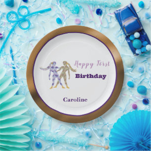 Plato De Papel Gemini 1er Cumpleaños Arte Dorado y Morado Artísti