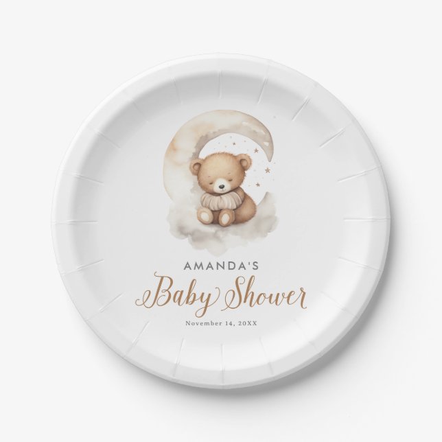 Plato De Papel Gender Neutral Teddy Bear Moon Stars Baby Shower (Anverso)