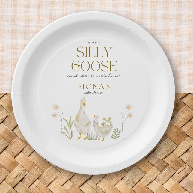 Plato De Papel Género de la acuarela de ganso suave Baby Shower n (Silly Goose Baby Shower Theme Custom Paper Plates with Greenery Daisy Beige Gender Neutral Minimal)