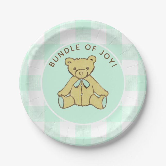 Plato De Papel Género Neutral Baby Shower Bear Mint Green (Anverso)