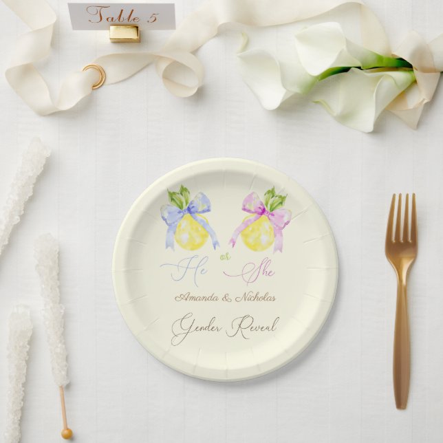 Plato De Papel Género Revelar limón azul rosado (Boda)