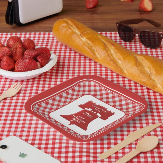 Plato De Papel Gente roja blanca de Gingham Libertad Bell Let Fre (Picnic)