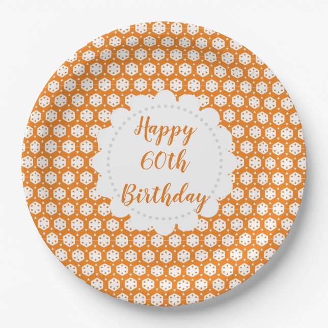 Plato De Papel Geometría del cítrico naranja 60 cumpleaños (Anverso)