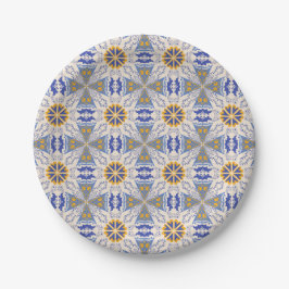 Plato De Papel geometric pattern with blue, yellow, and white 