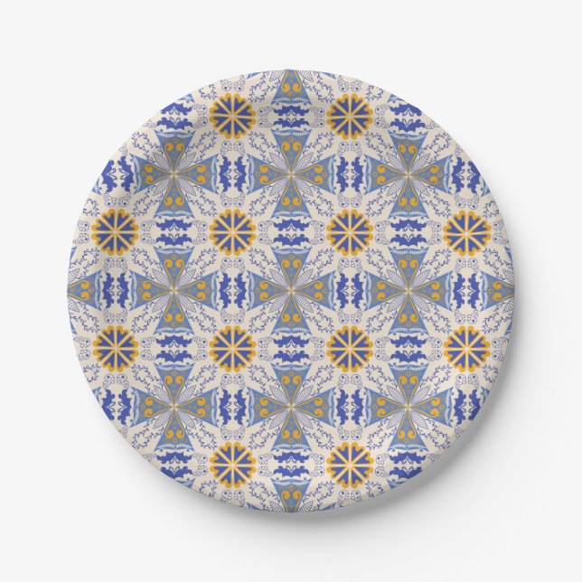 Plato De Papel geometric pattern with blue, yellow, and white  (Anverso)