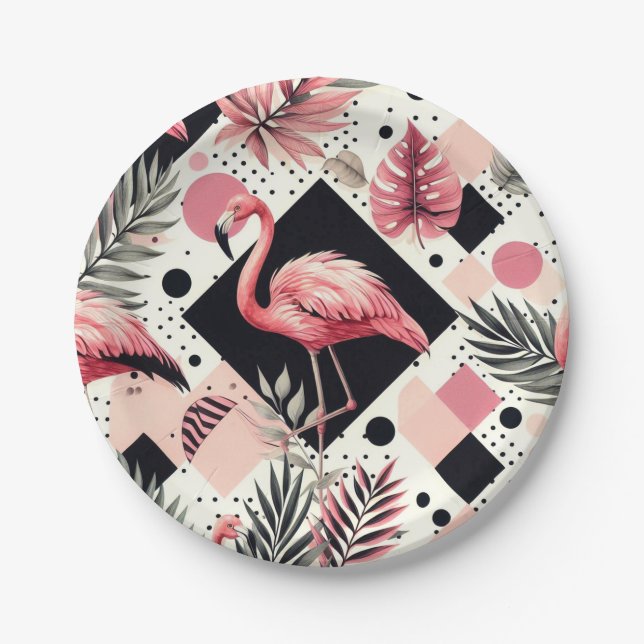 Plato De Papel Geométrico de flamingo de corte (Anverso)