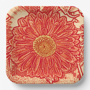 Plato De Papel Gerbera Daisy Block Print, Naranja mandarín