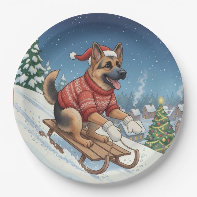Plato De Papel German Shepherd Sledding, Christmas Plates (Anverso)