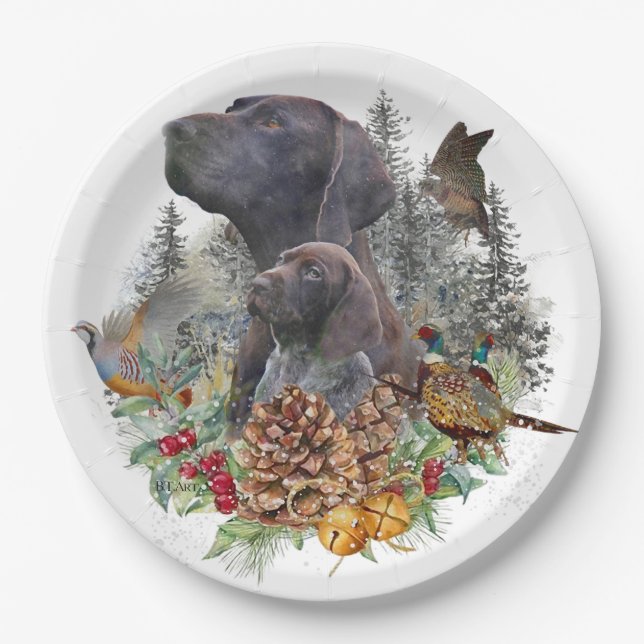 Plato De Papel German Shorthaired Pointer en invierno    (Anverso)