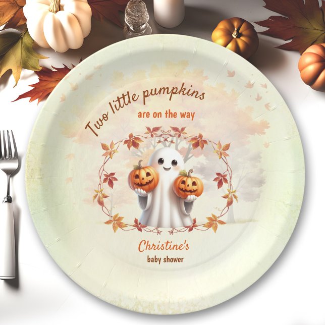 Plato De Papel Ghost Ghost Unisex Baby Shower (Twins Halloween Pumpkin Ghost Unisex Baby Shower Paper Plates)
