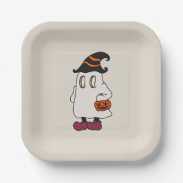 Plato De Papel Ghost holding pumpkin and wearing witch hat