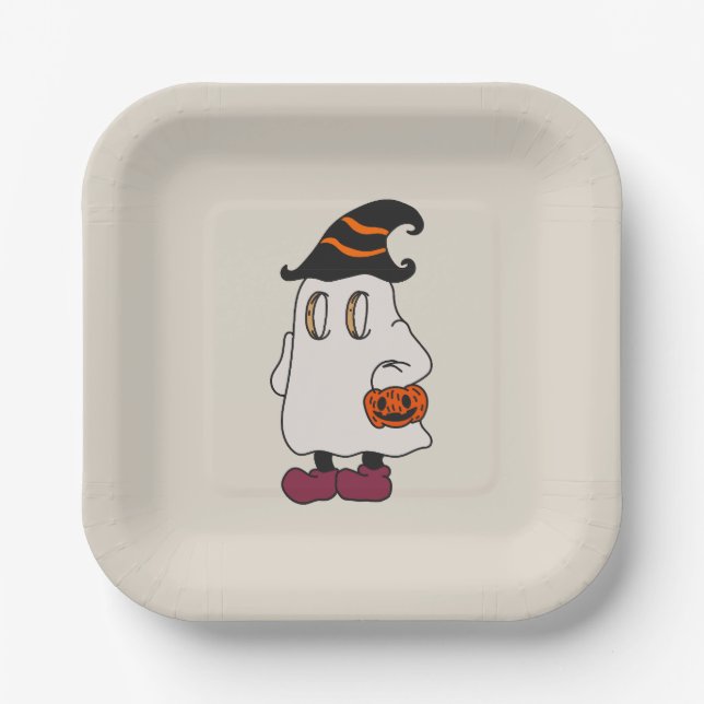 Plato De Papel Ghost holding pumpkin and wearing witch hat (Anverso)