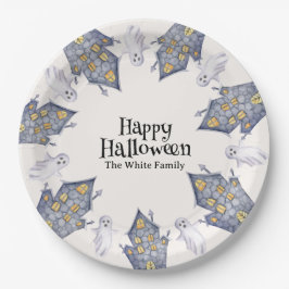 Plato De Papel Ghost House Happy Halloween Personalizado Nombre d