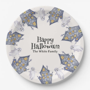 Plato De Papel Ghost House Happy Halloween Personalizado Nombre d