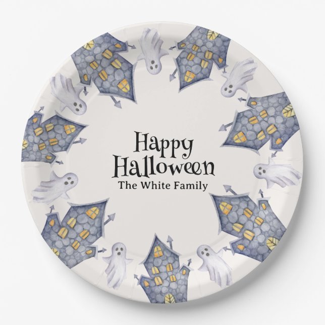 Plato De Papel Ghost House Happy Halloween Personalizado Nombre d (Anverso)
