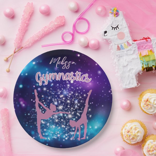 Plato De Papel Gimnasia Galaxia Turquesa Púrpura Personalizada (Fiesta)