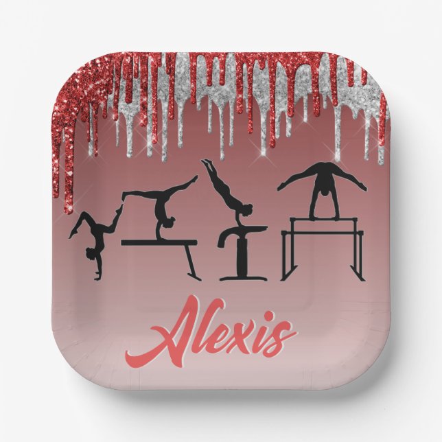 Plato De Papel Gimnasia Purpurina Rojo y Plata Drima Ombre (Anverso)