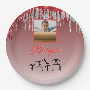 Plato De Papel Gimnasia Purpurina rojo y plateado Personalizado F