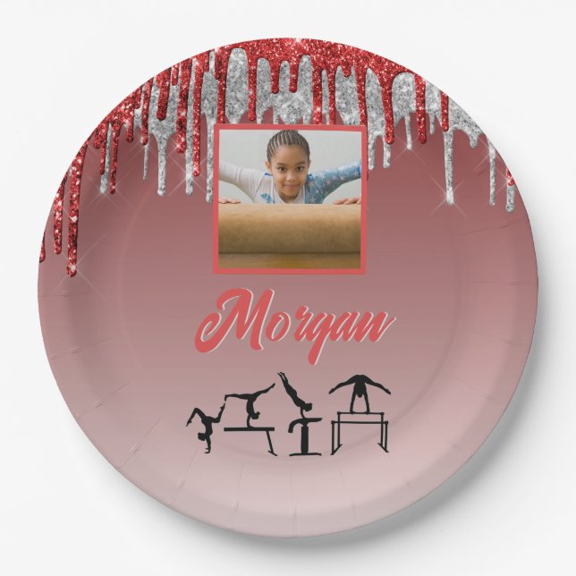 Plato De Papel Gimnasia Purpurina rojo y plateado Personalizado F (Anverso)