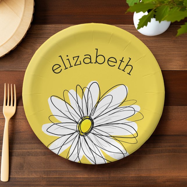 Plato De Papel Gimnasio amarillo y blanco con texto Personalizado (Personalized paper plate with a whimsical daisy)
