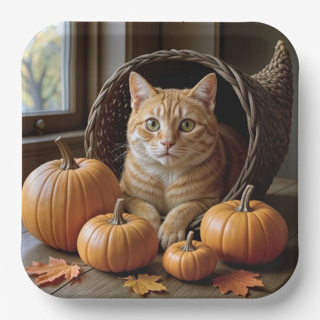 Plato De Papel Ginger Cat In a Thankde Cornucopia (Anverso)