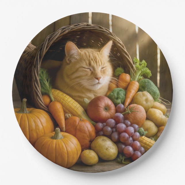 Plato De Papel Ginger Cat In a Thanksgiving Cornucopia (Anverso)