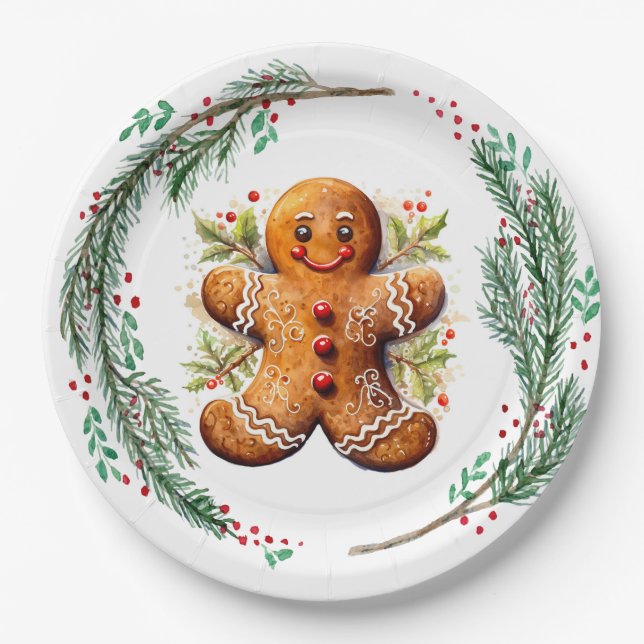 Plato De Papel Gingerbread Cookie y Navidades Holly (Anverso)