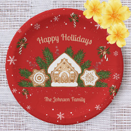 Plato De Papel Gingerbread House Felices Fiestas Red
