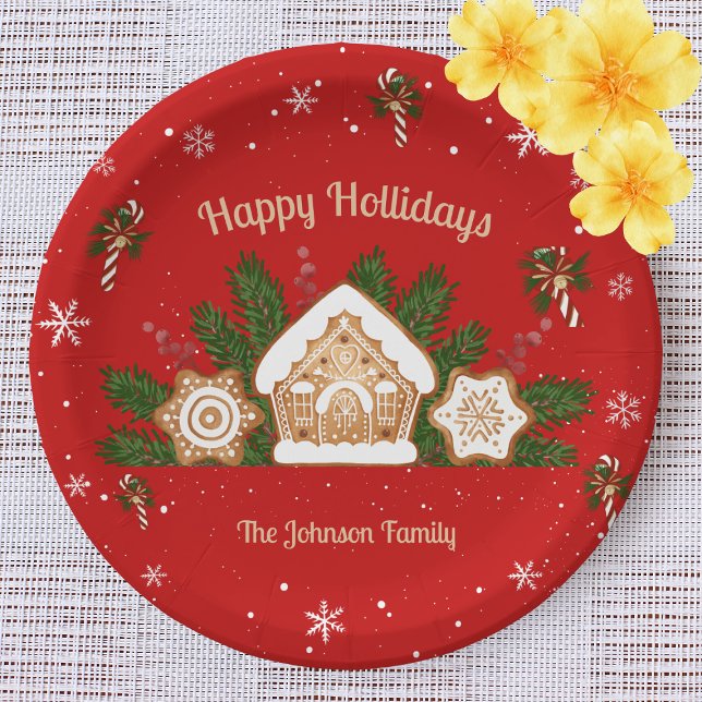 Plato De Papel Gingerbread House Felices Fiestas Red (Subido por el creador)