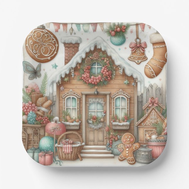 Plato De Papel Gingerbread House Gingerbread Joy (Anverso)