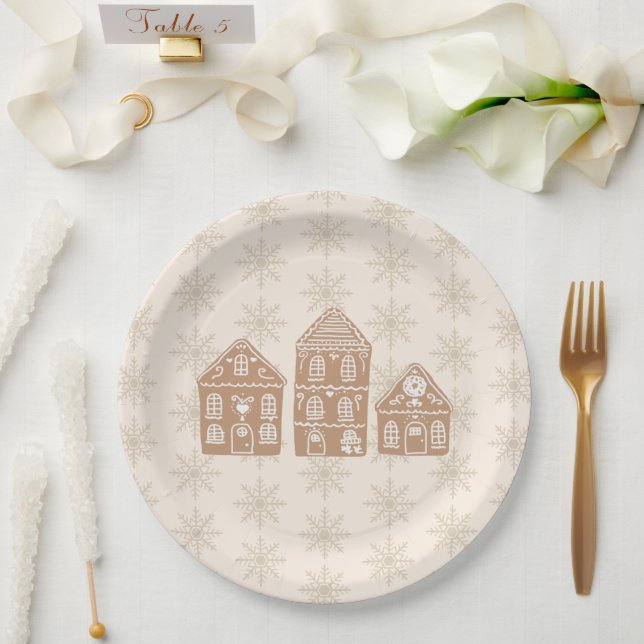 Plato De Papel Gingerbread House Illustration Snowflake Pattern (Boda)
