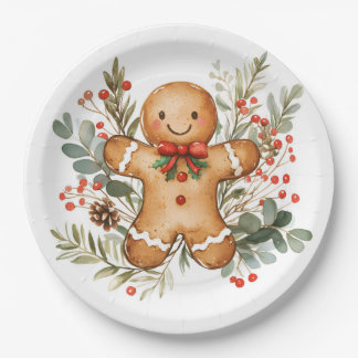 Plato De Papel Gingerbread Man Greenery Christmas Paper Plate