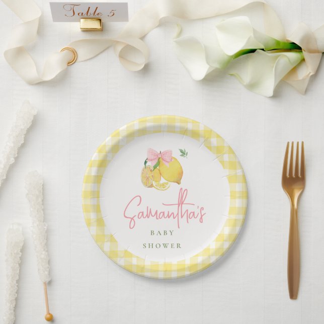 Plato de papel gingham amarillo con lazo rosa cítr (Boda)