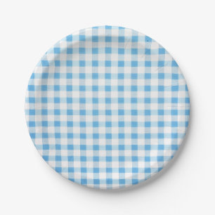 Plato De Papel Gingham Azul Bebé