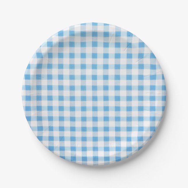 Plato De Papel Gingham Azul Bebé (Anverso)